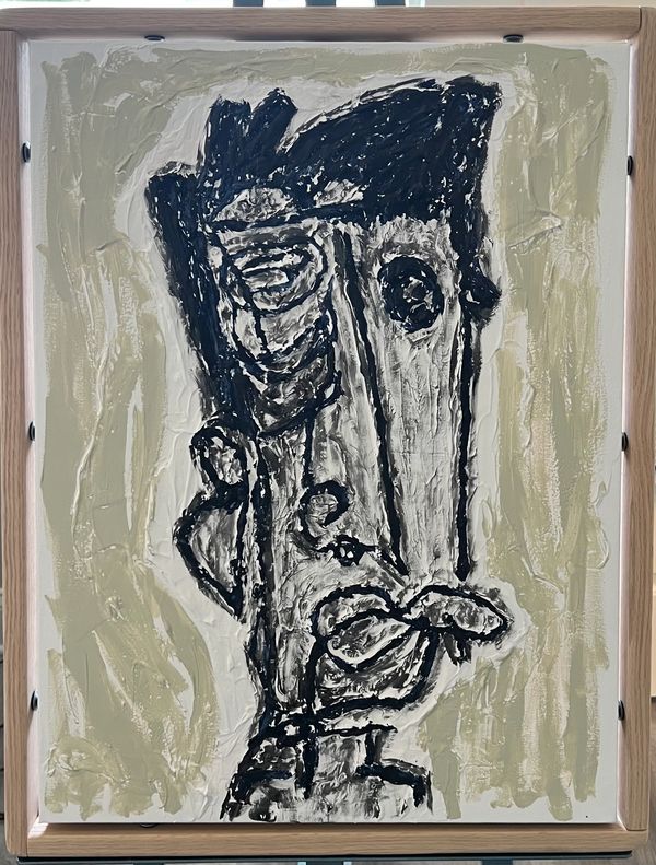 Cubist portrait on plaster of a lean face
