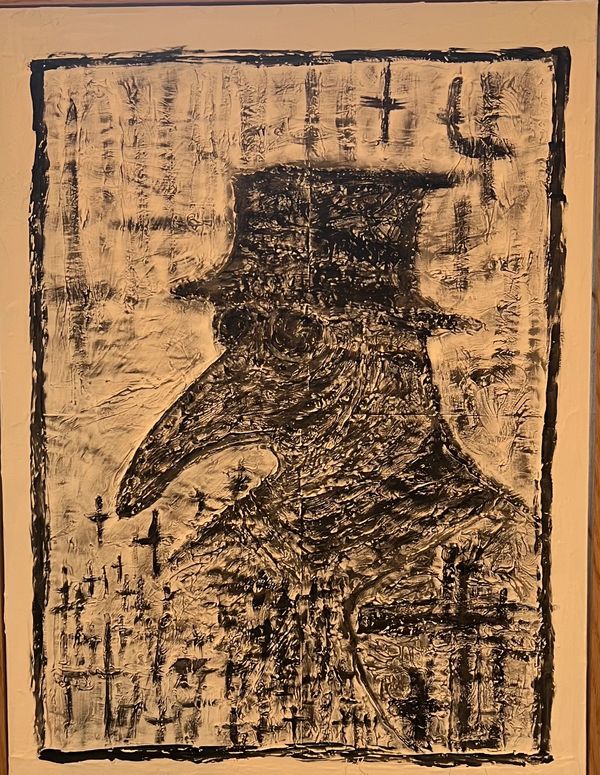 Bust painting of a plague doctor on a white plaster background with black crosses scattered around