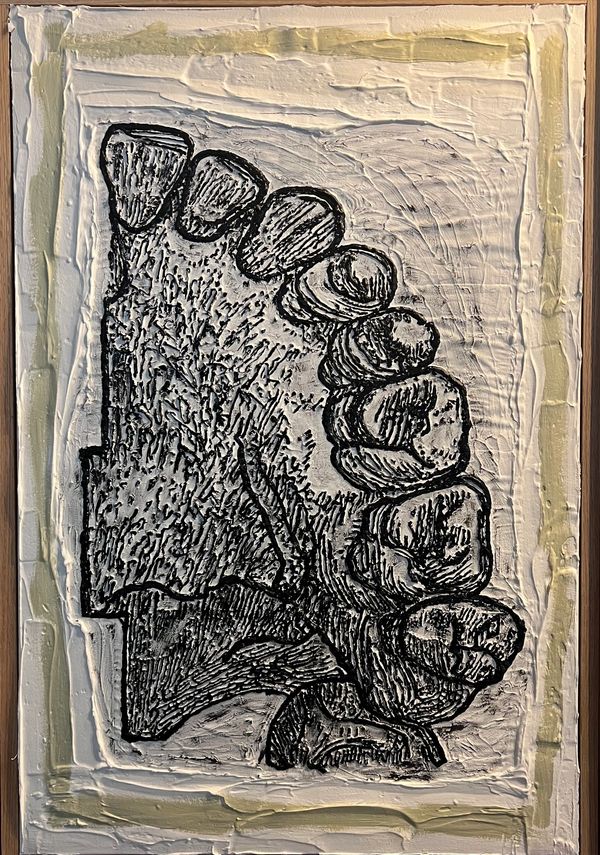 Textured plaster painting of the upper left quadrant of a mouth, showing the palate, gums and teeth