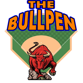 Bullpen Logo, a baseball diamond with a red bull in center. 