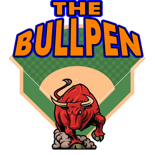 Bullpen Logo, a baseball diamond with a red bull in center. 