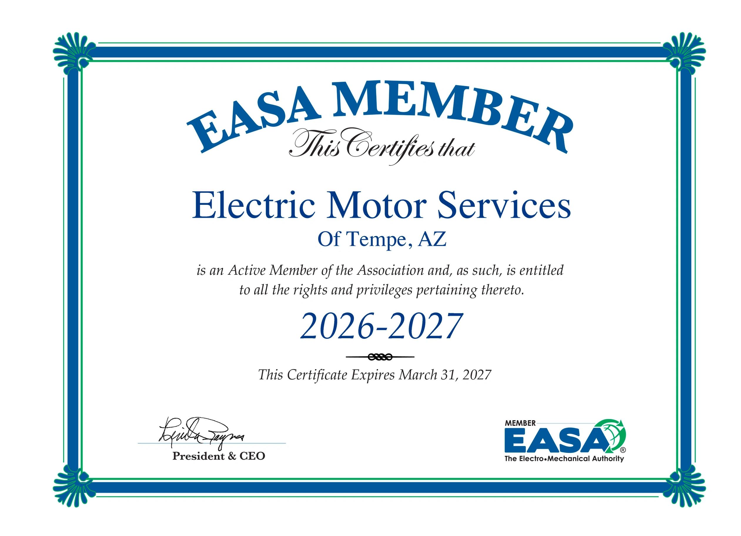 Certificate of EASA membership for Electric Motor Services, valid 2026-2027.