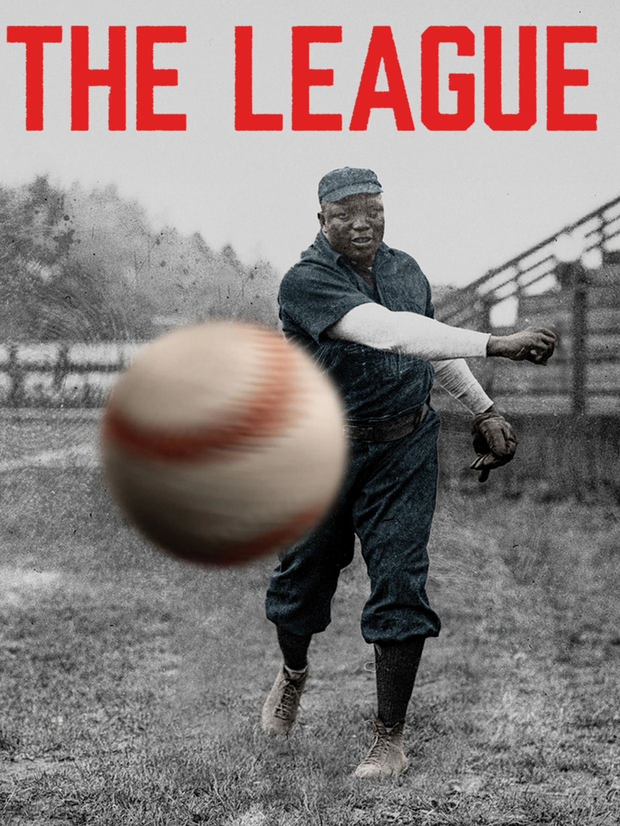 Vintage baseball player pitching with a large baseball in the foreground.