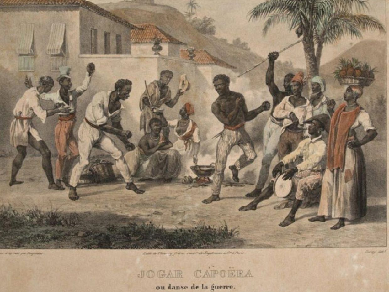 Historical image of a group o black people playing capoeira
