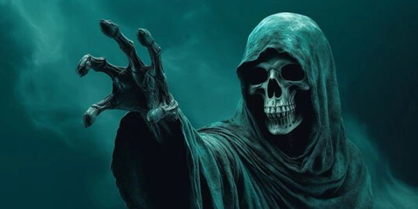 A grim reaper with an outstretched skeletal hand in a dark hooded cloak.