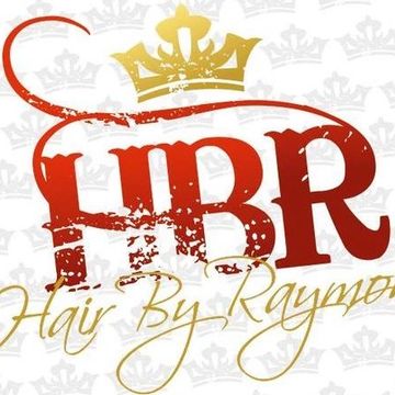 Logo with red initials HBR and golden crown, text 'Hair By Raymond'.