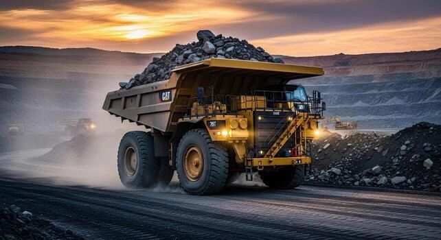 A large CAT mining truck loaded with rocks at sunset.