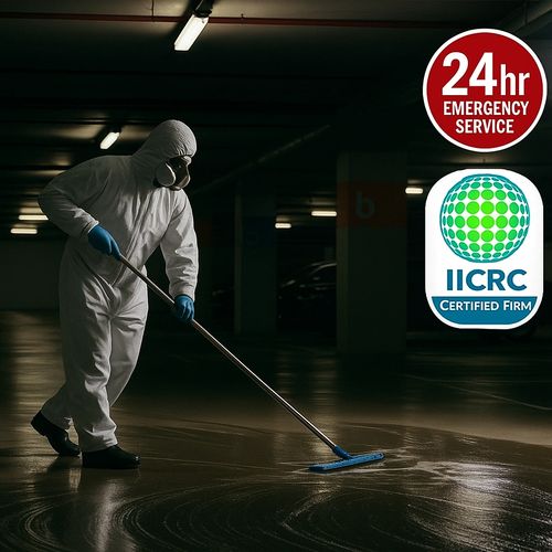 

Technician in Tyvek suit cleaning floor in dark parking area DeconWA contact us