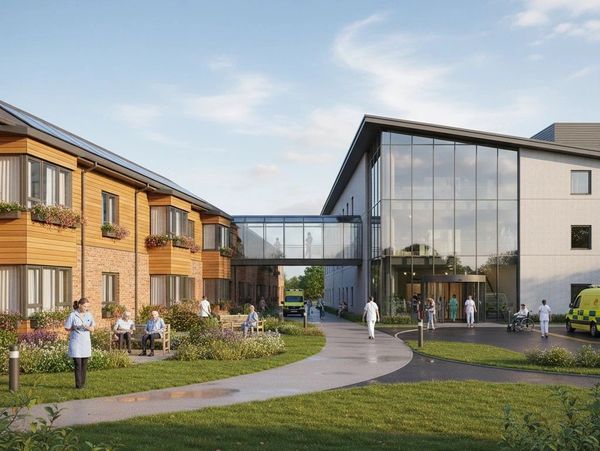 Modern healthcare facility with outdoor seating and staff in uniforms.