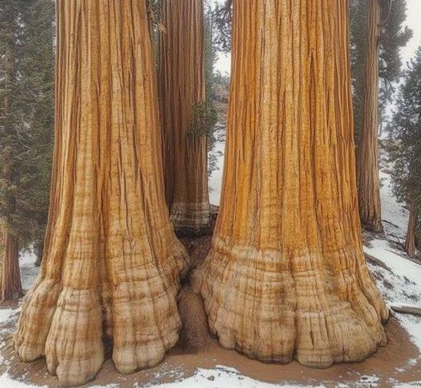 Close-up of giant tree trunks with wide bases in a snowy forest.