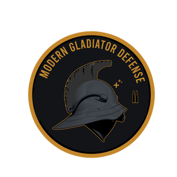 Logo of Modern Gladiator Defense featuring a gladiator helmet and bullets.