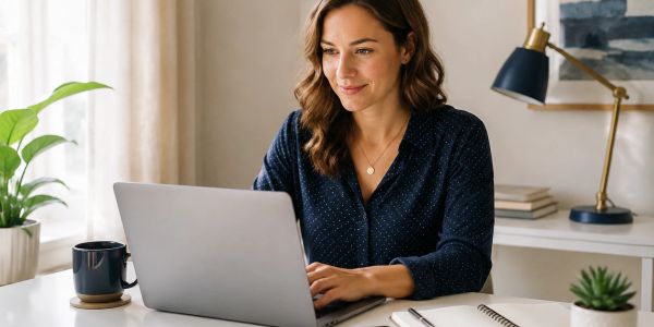 Woman working on a laptop at a desk.