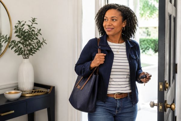 Woman entering home holding keys and a bag.