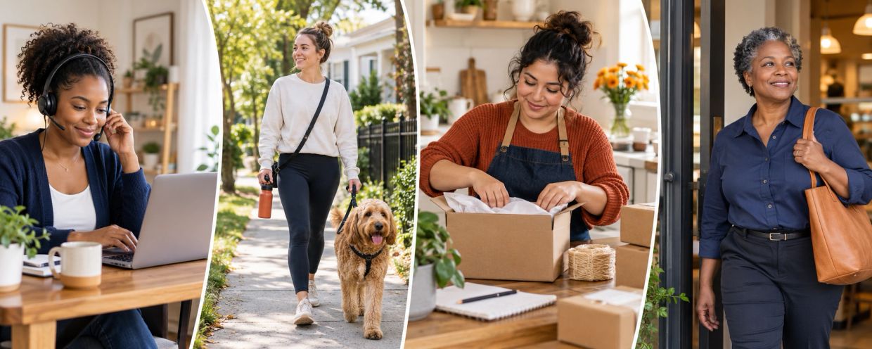 Women working, walking, packing, and smiling outside.
