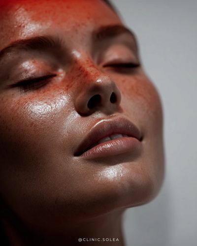 Close-up of a serene face with glowing skin and freckles, eyes closed in relaxation.