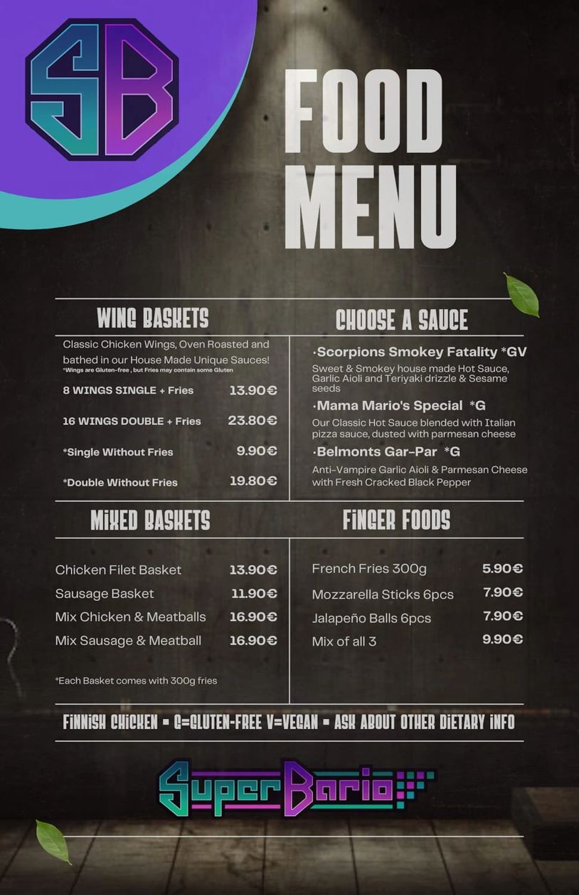 Super Bario food menu with wing baskets, mixed baskets, finger foods, and various sauces.