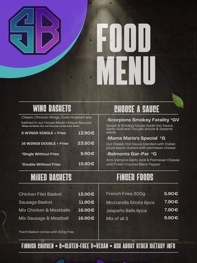 Food menu featuring wing baskets, mixed baskets, and finger foods with various sauces.
