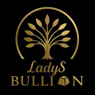 Elegant gold logo with tree and text 'LadyS Bullion' on black background.