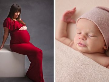 on left pregnant lady in red dress, sat down on white box , on right newborn with a pink hat 