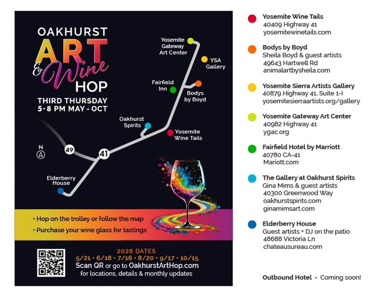 Map and details for Oakhurst Art &amp; Wine Hop event, third Thursday, May to October, 5-8 PM.