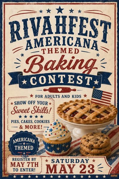 Vintage-style poster for Rivahfest Americana themed baking contest on May 23.