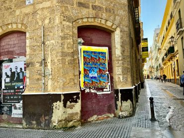 Posters on an old building wall at a street corner with a small dog nearby.