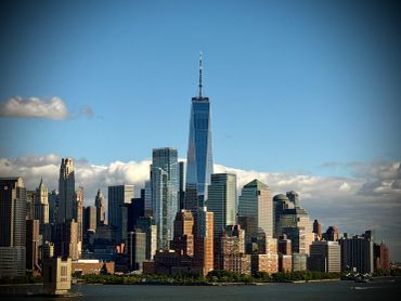 Skyline of Lower Manhattan with One World Trade Center.