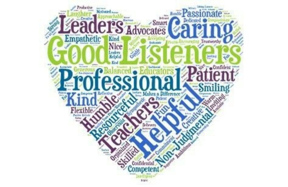 Heart-shaped word cloud of positive traits like Caring, Helpful, and Good Listeners.