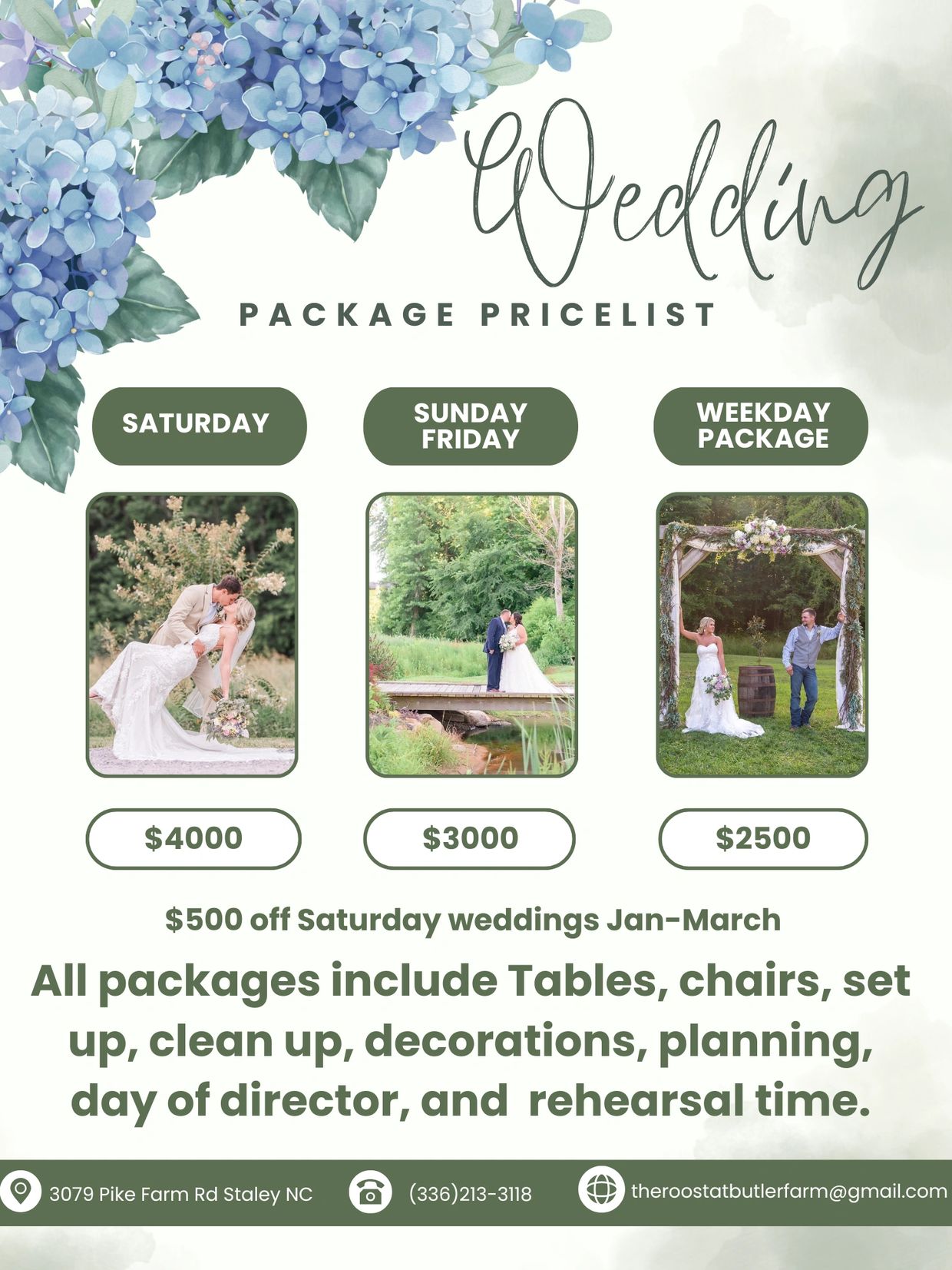 Wedding package pricelist with photos and prices for Saturday, Sunday-Friday, and weekday.