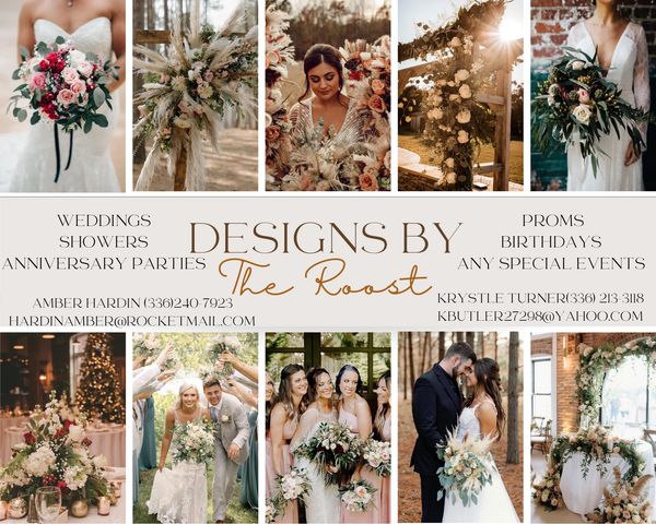 Elegant floral wedding and event designs by The Roost with contact details for Amber Hardin and Krystle Turner.