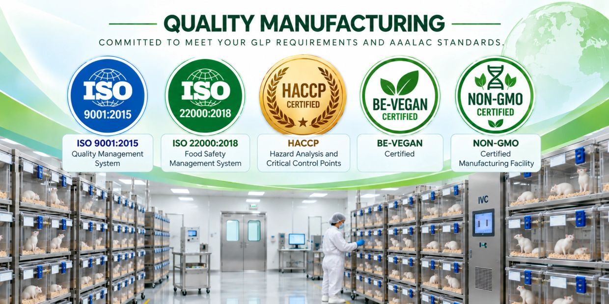 Quality manufacturing with GLP, AAALAC standards in a lab with lab rats.