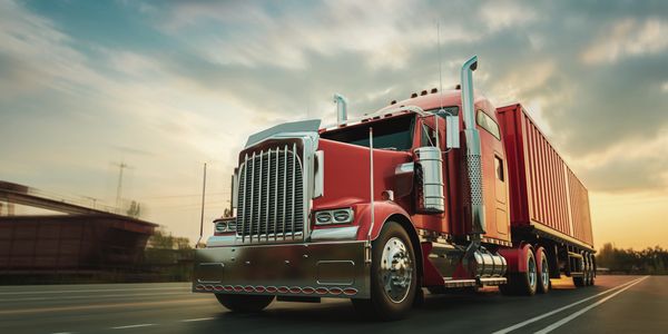 Red and white semi-truck driving