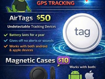 Advertisement for GPS tracking AirTags and magnetic cases.