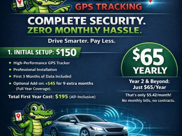 GPS tracking service with initial setup and yearly fees.
