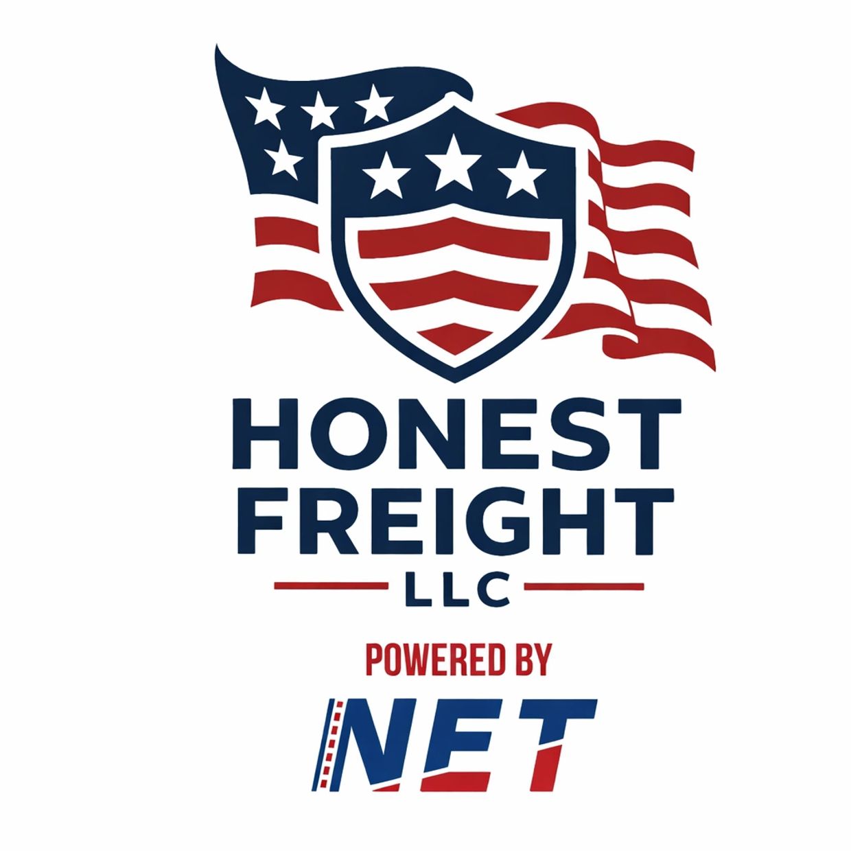 Honest Freight LLC logo with shield and Americana flag, stars and stripes, powered by NET USA secure