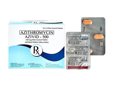 Azithromycin 500mg tablets in blister pack and box.