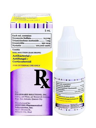 Bottle and box of Combiz ear drops with antibacterial and antifungal properties.