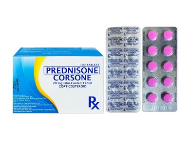 Box and blister packs of Prednisone Corsone tablets.