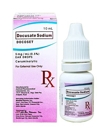 Docusate Sodium ear drops bottle and box.