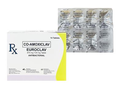 Box of Co-Amoxiclav Euroclav antibacterial tablets with blister pack.