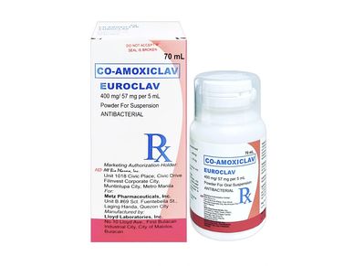Co-Amoxiclav Euroclav antibiotic suspension in a 70 mL bottle and box.