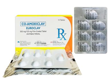 Package of Co-Amoxiclav Euroclav antibacterial tablets.