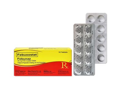 Febuxostat 40 mg film-coated tablets packaging and blister pack.