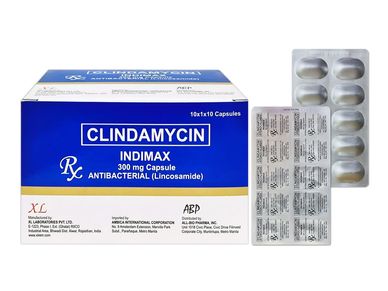 Clindamycin Indimax 300 mg antibacterial capsules packaging.