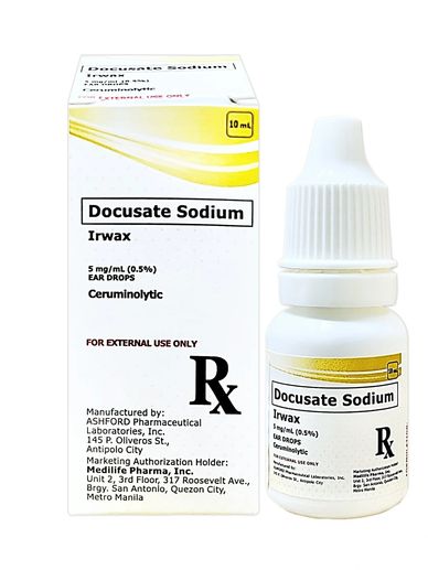 Docusate Sodium ear drops bottle with packaging.