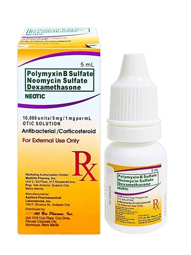 Bottle and box of Polymyxin B Sulfate Neomycin Sulfate Dexamethasone eyedrops.