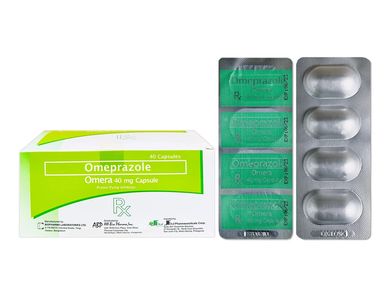 Omeprazole 40 mg capsules packaging and blister pack.