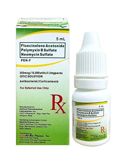 Otic solution bottle and box containing fluocinolone acetonide, polymyxin B sulfate, and neomycin sulfate.