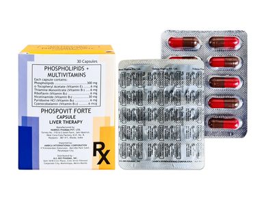 Box and blister pack of Phospovit Forte capsules for liver therapy.