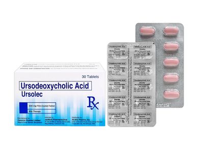 Box and blister pack of Ursodeoxycholic Acid tablets.